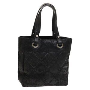 CHANEL Paris Biarritz Tote Bag Coated Canvas Black Silver CC Auth 129603